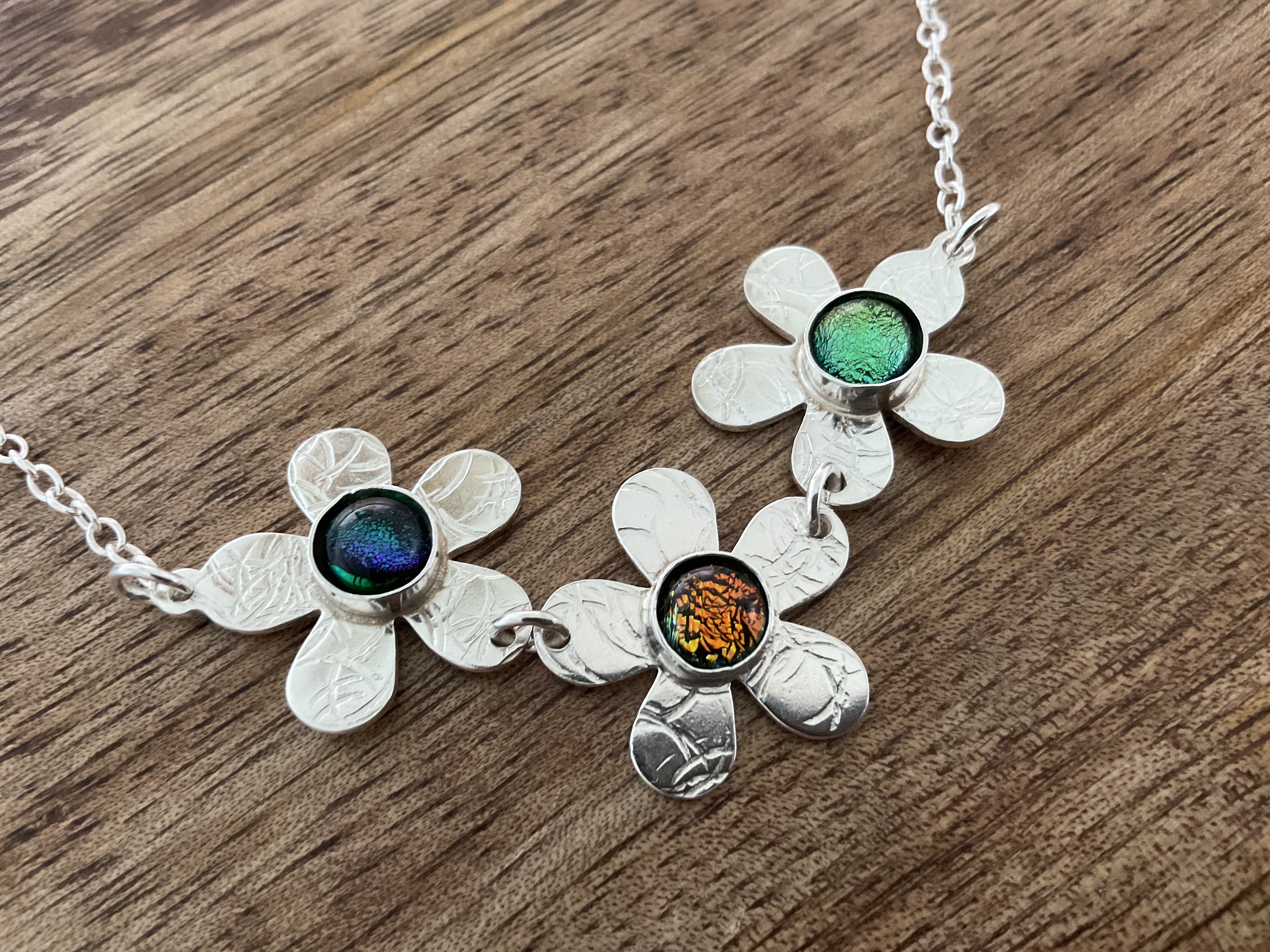 Daisy Trio Dichroic Fused Glass Necklace - Click Image to Close